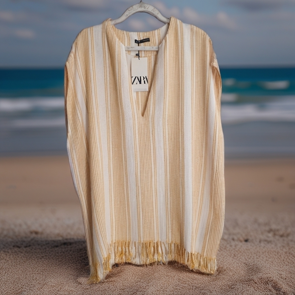 ZARA Boho Striped Tunic Dress Fringe Hem Beach Cover Up Yellow Size M - Picture 2 of 6